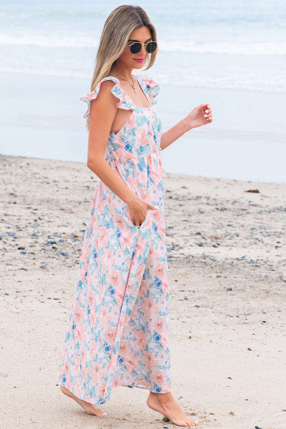 Pink Floral Print Square Neck Backless Long Dress with Slit Maxi Dresses JT's Designer Fashion