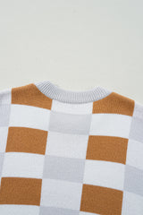 Khaki Checkered Ribbed Edge O Neck Drop Shoulder Sweater Sweaters JT's Designer Fashion