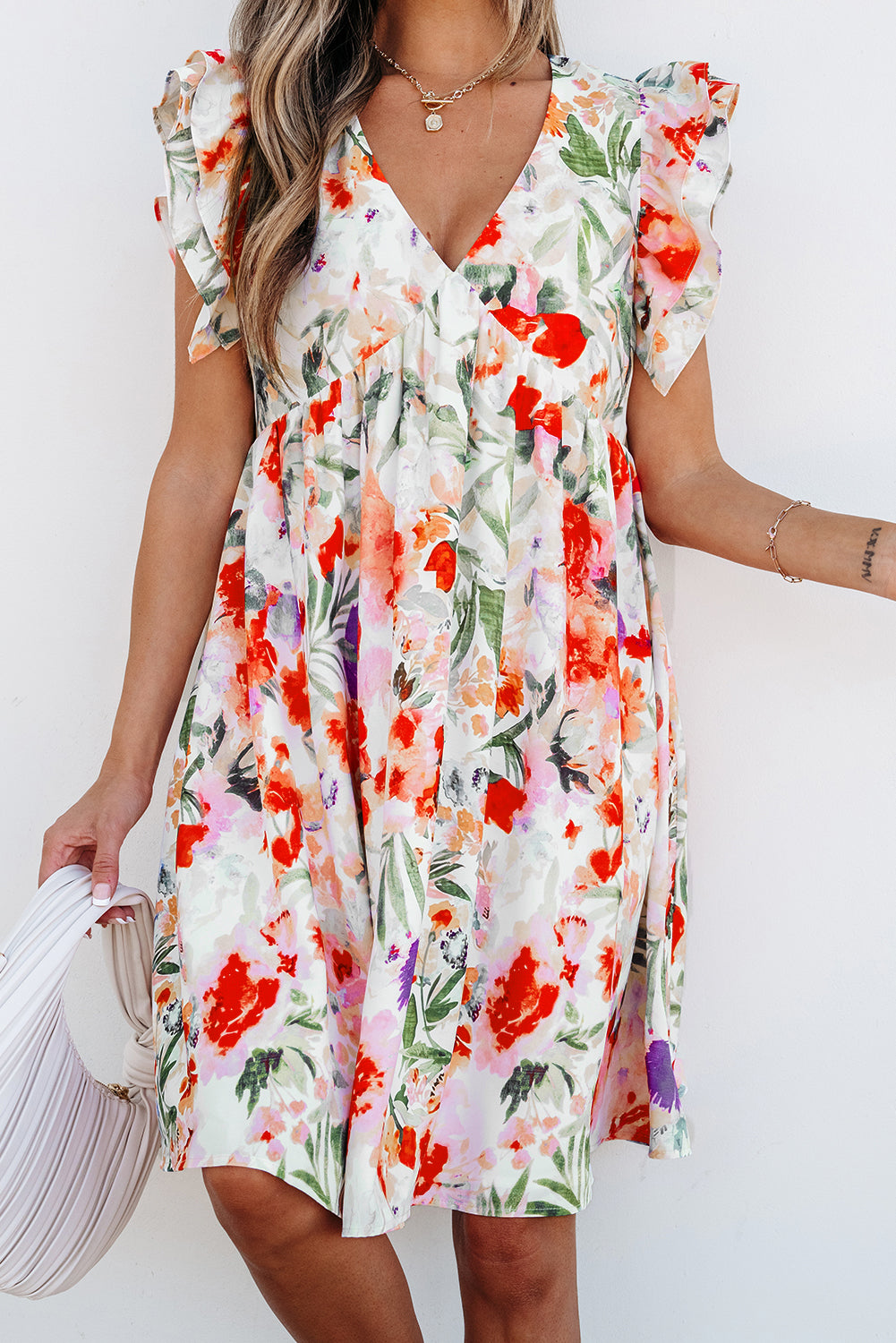 Pink Floral Double Ruffle Sleeve V Neck High Waist Mini Dress Floral Dresses JT's Designer Fashion