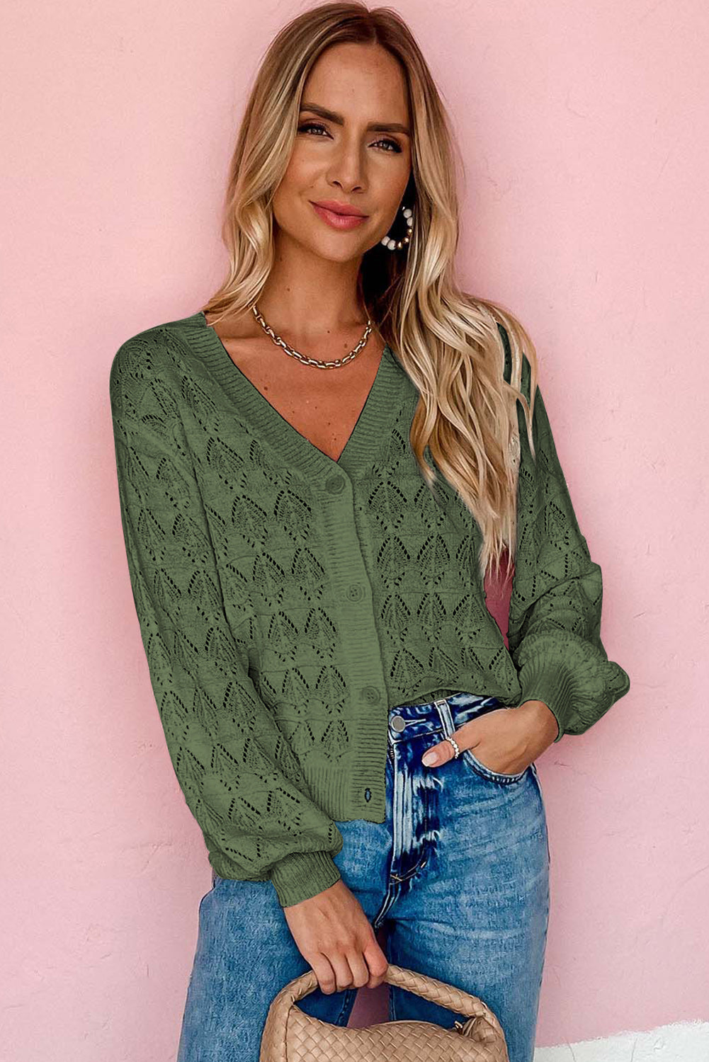 Green Lightweight Buttoned Front Crochet Cardigan Cardigans JT's Designer Fashion