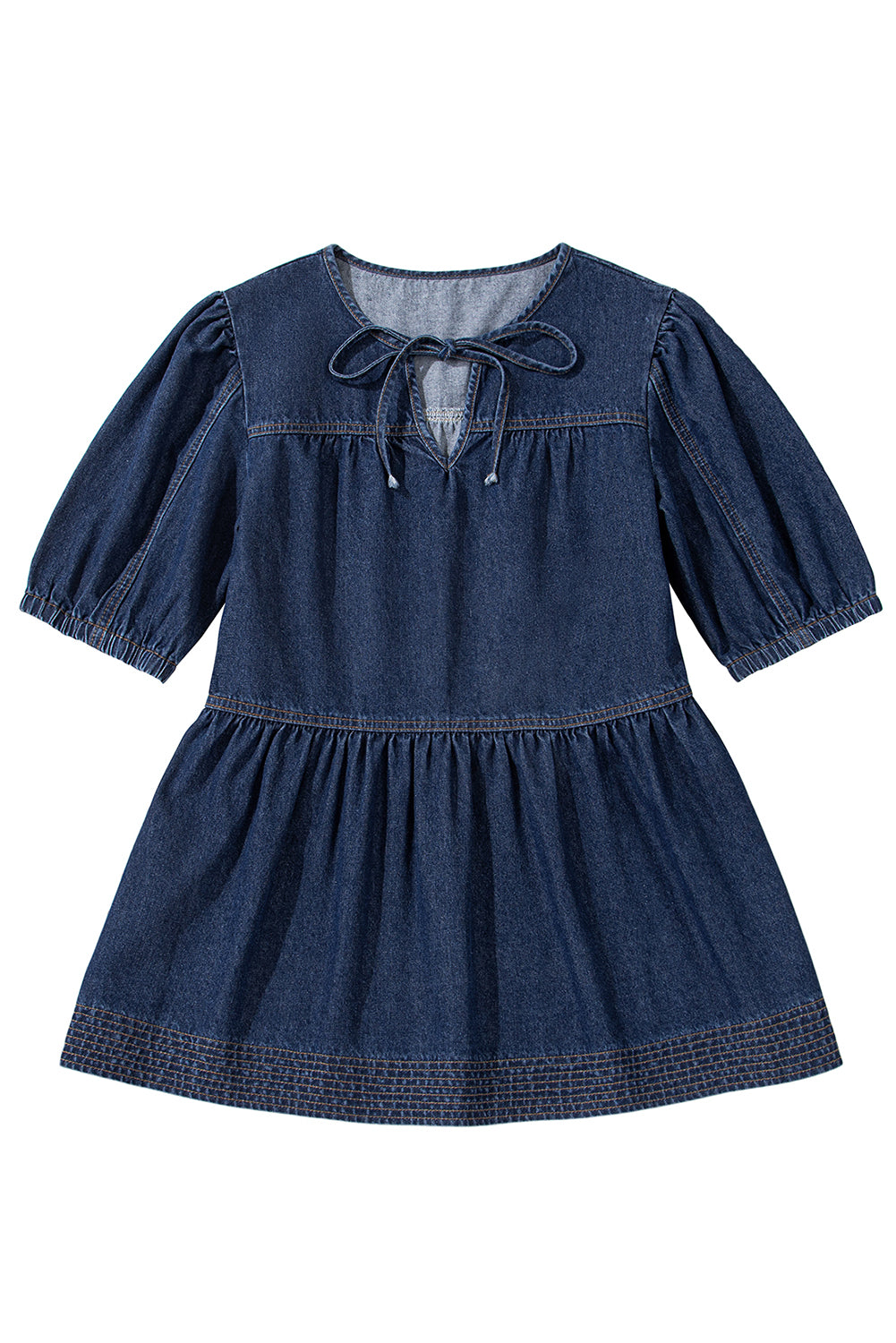 Sail Blue Puff Sleeve Lace-up Neckline Splicing Denim Blouse Blouses & Shirts JT's Designer Fashion