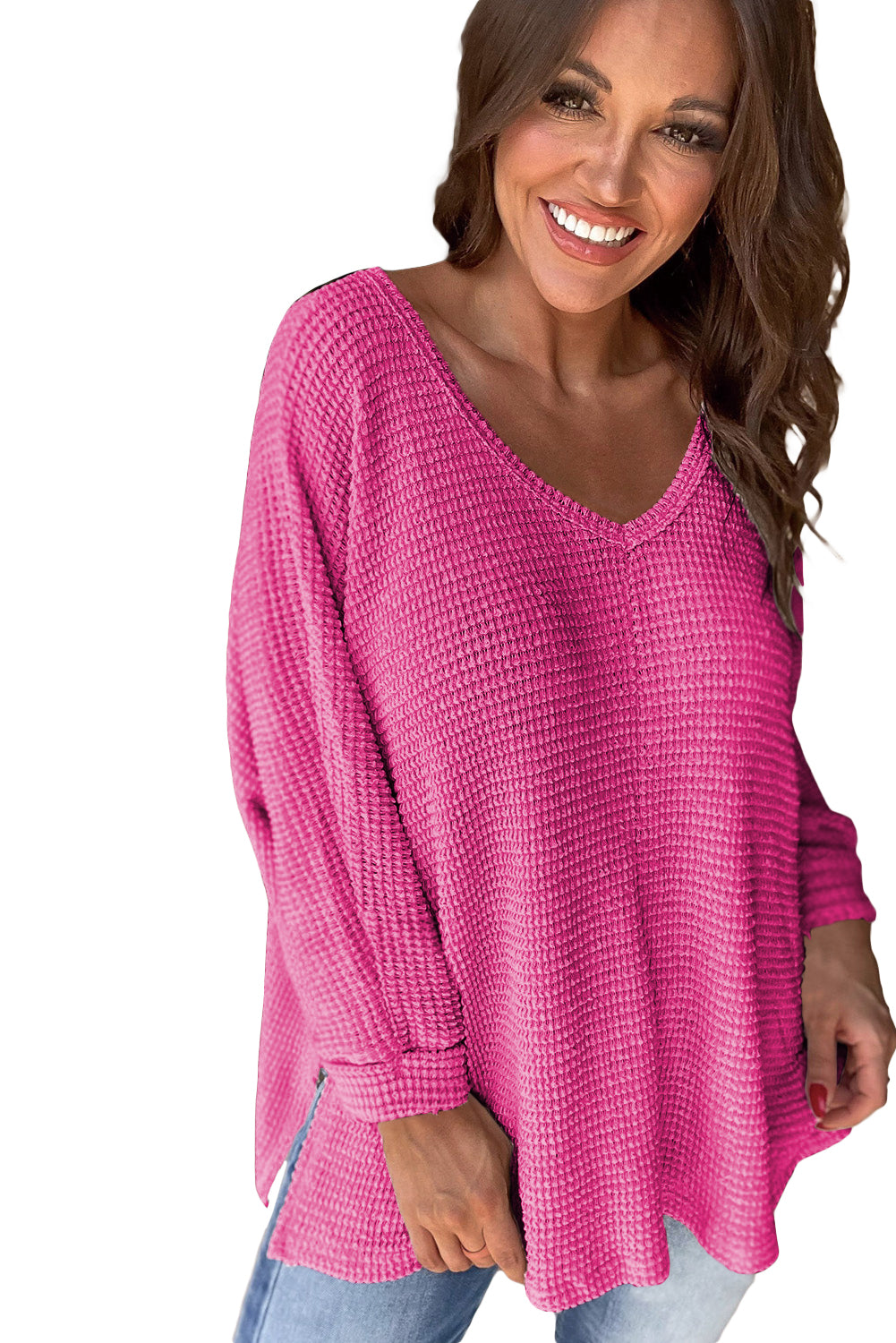 Rose Red Waffle Knit Side Slits Loose Fit V Neck Top Long Sleeve Tops JT's Designer Fashion