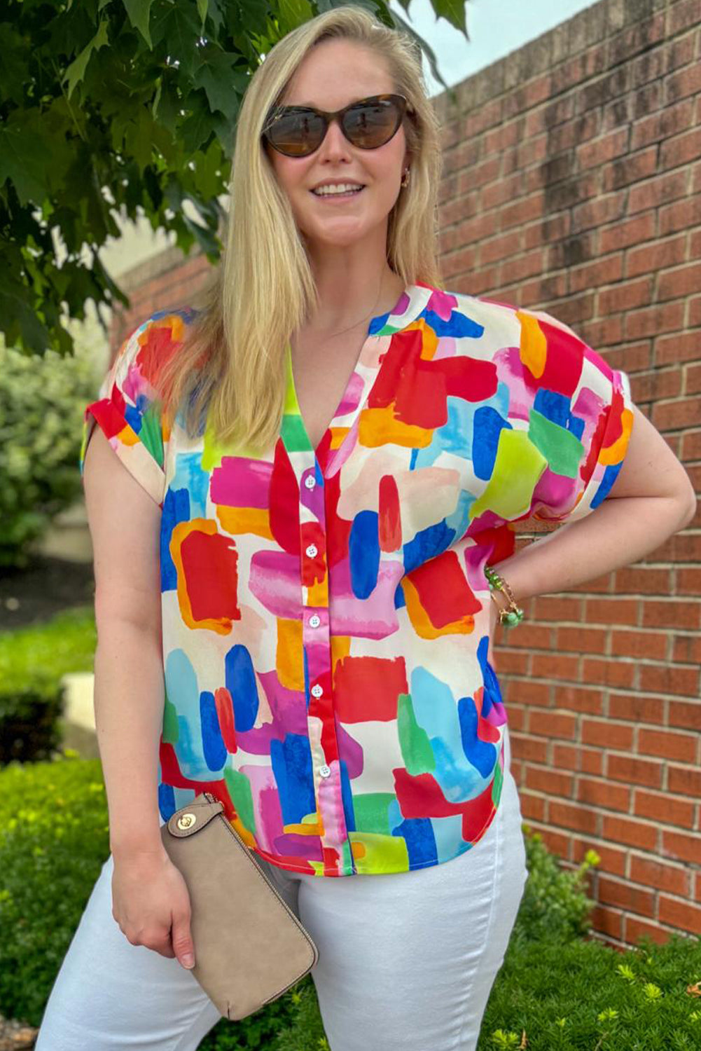 Colorful Brush Stroke Printed Plus Size Button Split Neck Blouse Plus Size Blouses & Shirts JT's Designer Fashion