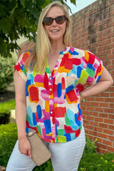 Colorful Brush Stroke Printed Plus Size Button Split Neck Blouse Plus Size Blouses & Shirts JT's Designer Fashion