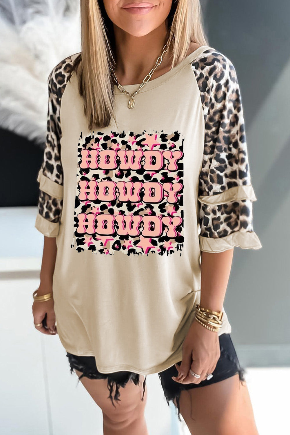 Apricot HOWDY Leopard Print Tiered Ruffled 3/4 Sleeve Tee Graphic Tees JT's Designer Fashion