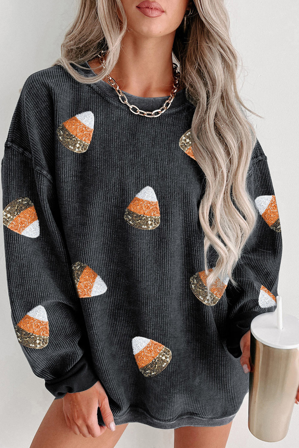 Black Sequin Candy Corn Patched Corded Halloween Sweatshirt Black 100%Polyester Graphic Sweatshirts JT's Designer Fashion