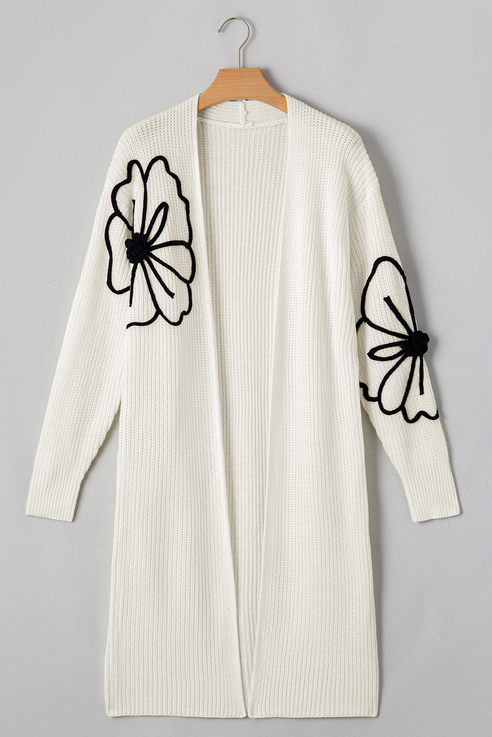 Beige Flower Embroidered Drop Shoulder Open Front Duster Cardigan Cardigans JT's Designer Fashion