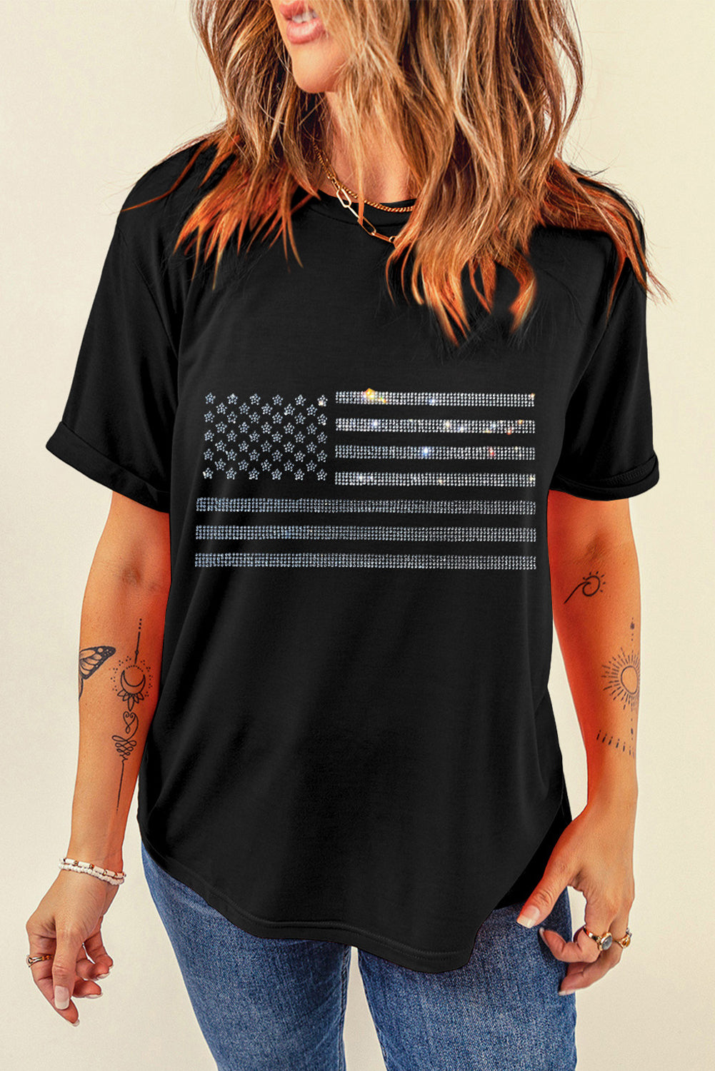 Black Glittering Rhinestone American Flag Pattern T Shirt Graphic Tees JT's Designer Fashion