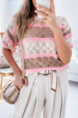 Brown Stripe Color Block Hollow Out Crochet Half Sleeve Sweater Sweaters & Cardigans JT's Designer Fashion