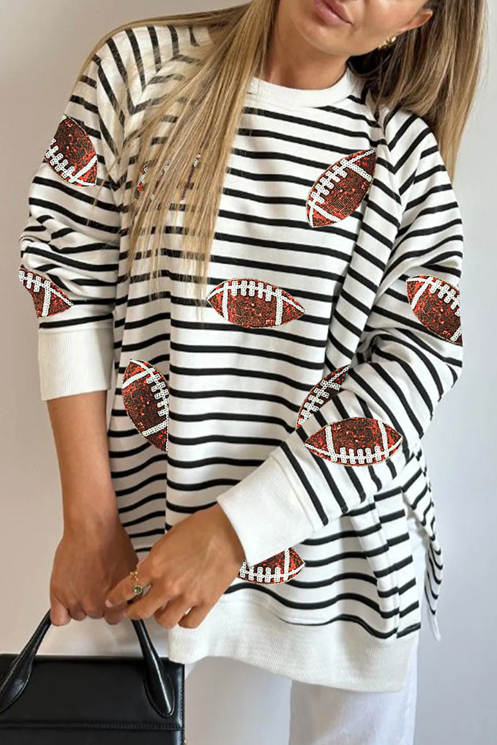 Black Stripe Sequin Rugby Football Side Slits Oversized Sweatshirt Black Stripe 95%Cotton+5%Elastane Graphic Sweatshirts JT's Designer Fashion