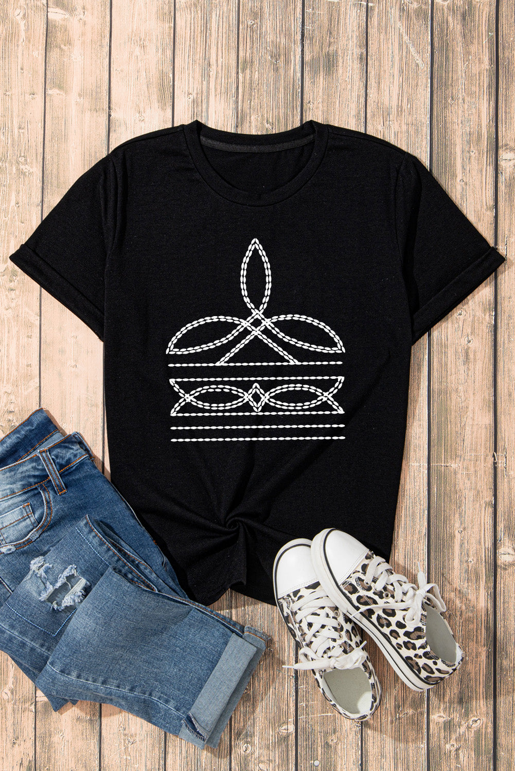 Black Western Pattern Print Slim Fit Crew Neck T Shirt Graphic Tees JT's Designer Fashion