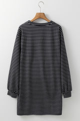 Black Striped V Neck Long Puff Sleeve Shift Dress Mini Dresses JT's Designer Fashion