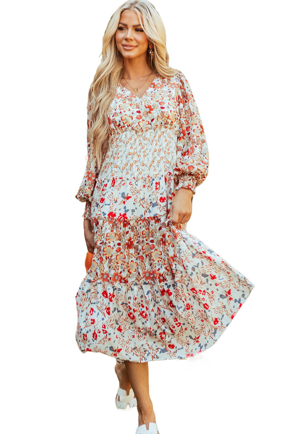 Khaki Floral Print Ruffled Tiered Long Sleeve V Neck Midi Dress Floral Dresses JT's Designer Fashion