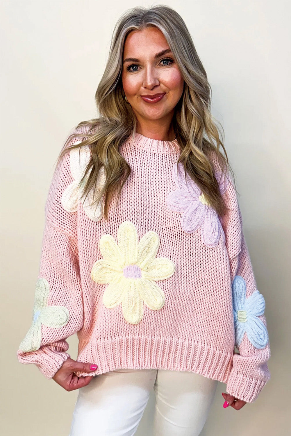 Pink Petals & Threads Embroidered Floral Sweater Sweaters JT's Designer Fashion