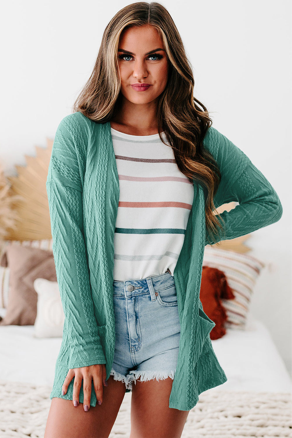 Canton Solid Textured Open Front Cardigan with Pocket Cardigans JT's Designer Fashion