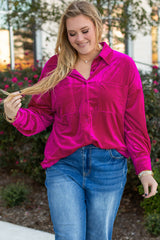 Bright Pink Plus Size Velvet Chest Pocket Drop Shoulder Shirt Plus Size Blouses & Shirts JT's Designer Fashion
