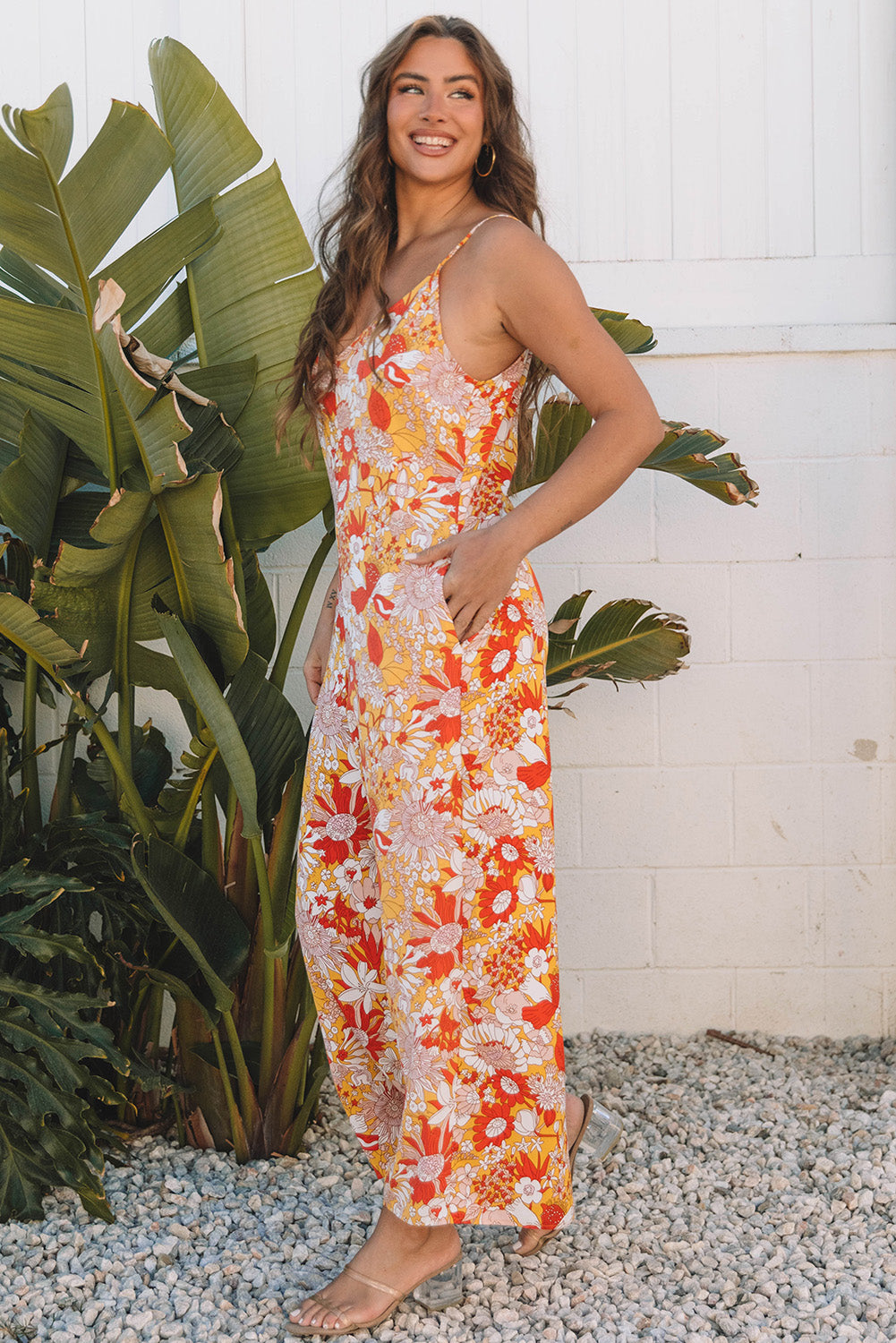 Orange Floral V Neck Wide Leg Sleeveless Jumpsuit Jumpsuits & Rompers JT's Designer Fashion
