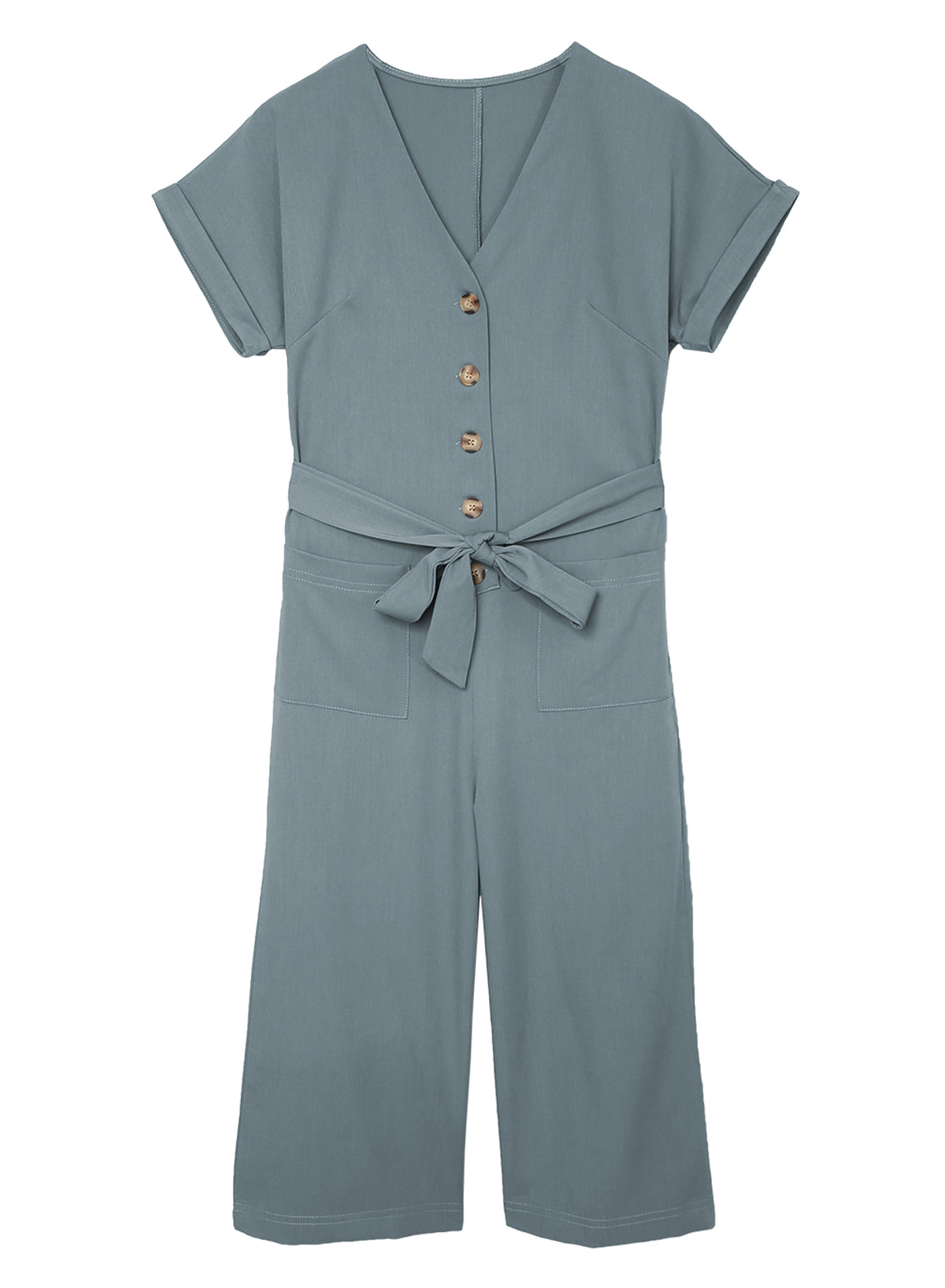 Blue Dolman Button Belted V Neck Wide Leg Pocketed Jumpsuit Jumpsuits & Rompers JT's Designer Fashion