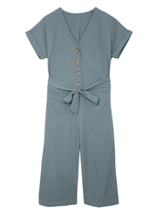 Blue Dolman Button Belted V Neck Wide Leg Pocketed Jumpsuit Jumpsuits & Rompers JT's Designer Fashion