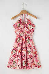 Pink Floral Sleeveless Halter Neck Shirred Back Ruffled Mini Dress Floral Dresses JT's Designer Fashion