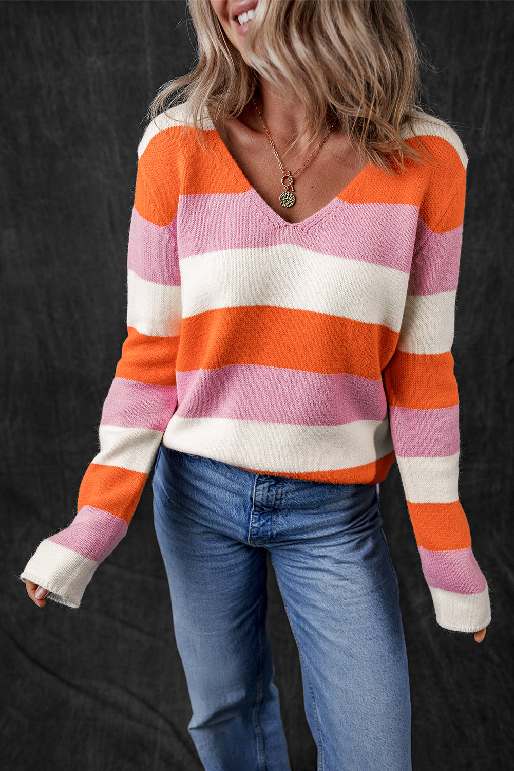 Orange Stripe Colorblock V Neck Casual Sweater Sweaters JT's Designer Fashion