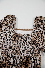 Brown Leopard Print Bubble Sleeve Square Neck Long Dress Maxi Dresses JT's Designer Fashion