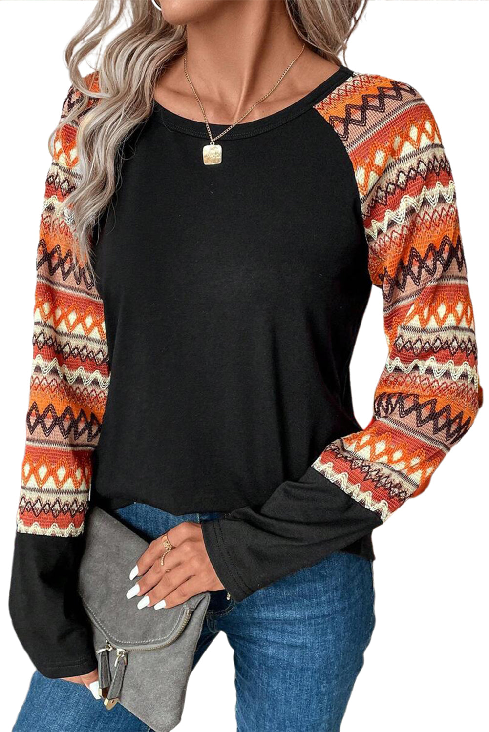 Orange Geo Print Raglan Patchwork Long Sleeve Tee Long Sleeve Tops JT's Designer Fashion