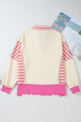 Pink Stripe Patchwork Sequin Heart Pattern Long Sleeve Collared Split Top Graphic Sweatshirts JT's Designer Fashion