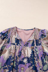 Purple Vintage Daisy Floral Puff Sleeve Ruffle Short Dress Floral Dresses JT's Designer Fashion