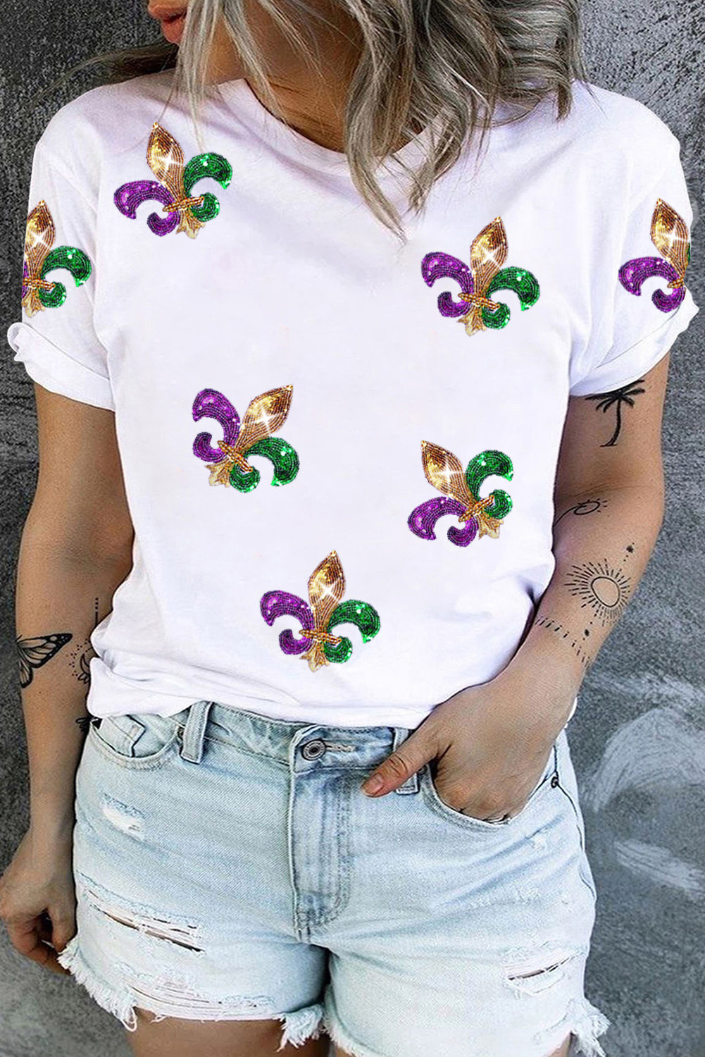 White Plus Size Glitter Fleur De Lis Patch Mardi Gras T-shirt White 65%Polyester+30%Viscose+5%Elastane Graphic Plus Size JT's Designer Fashion