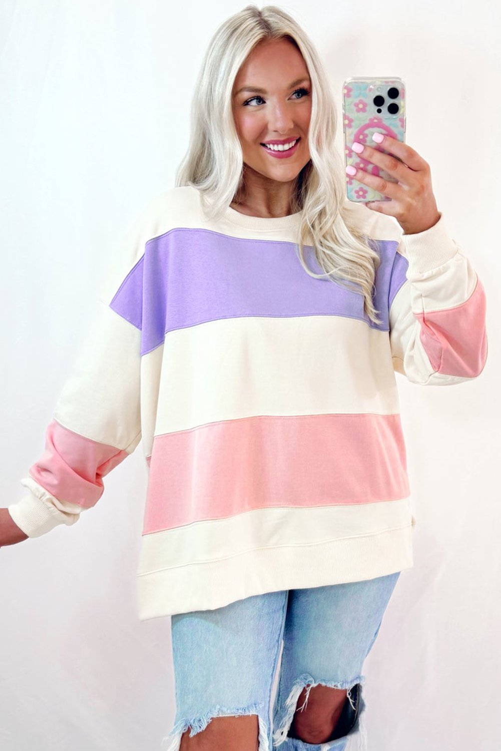 Beige Colorblock Patchwork Drop Shoulder Crewneck Sweatshirt Sweatshirts & Hoodies JT's Designer Fashion