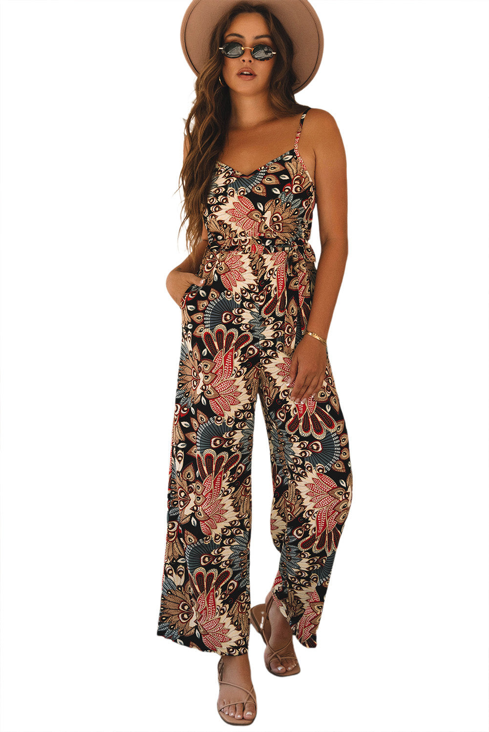 Black Floral Print Belted Sleeveless Wide Leg Jumpsuit Jumpsuits & Rompers JT's Designer Fashion