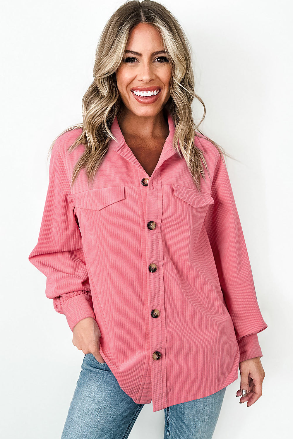 Bonbon Corduroy Flap Detail Button Up Split Shacket Jackets JT's Designer Fashion