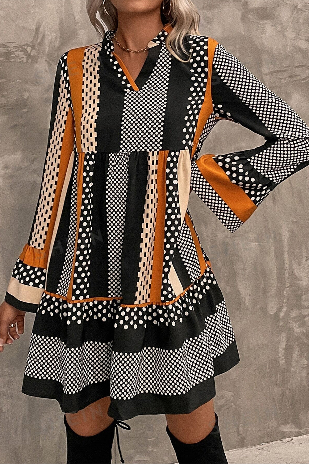 Black Striped Polka Dot Print Ruffled Hem V Neck Mini Dress Mini Dresses JT's Designer Fashion
