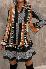 Black Striped Polka Dot Print Ruffled Hem V Neck Mini Dress Mini Dresses JT's Designer Fashion