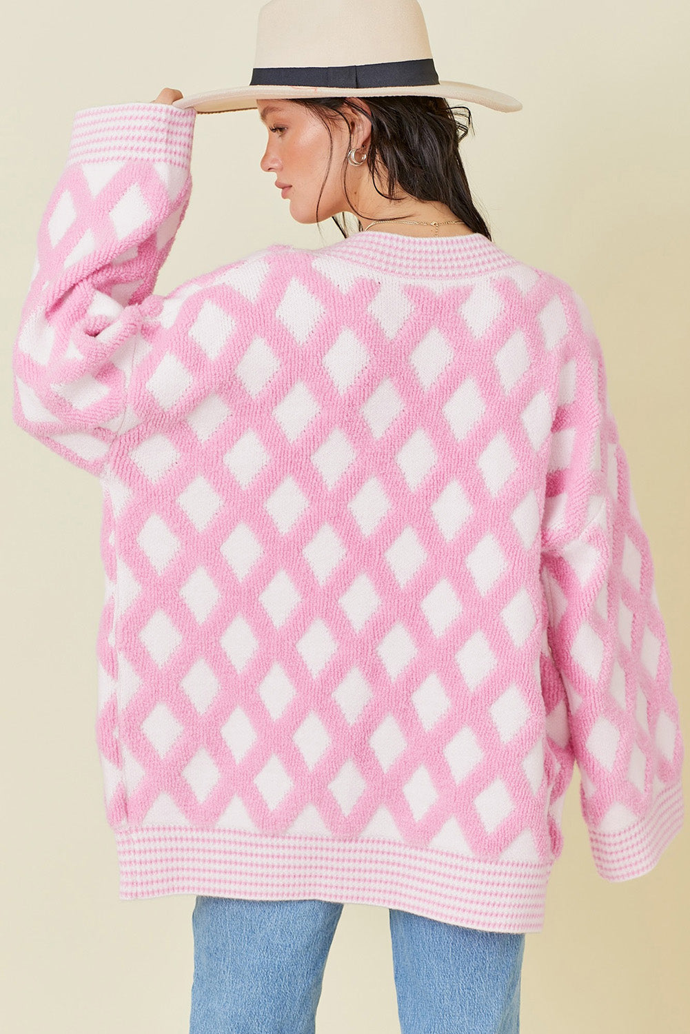 Pink Rhombus Pattern Knit Open Front Pocketed Cardigans Cardigans JT's Designer Fashion