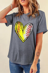 Gray Baseball Heart Shape Print Crew Neck T Shirt Graphic Tees JT's Designer Fashion