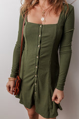 Guacamole Green Rib Knit Square Neck Buttoned Long Sleeve Mini Dress Mini Dresses JT's Designer Fashion