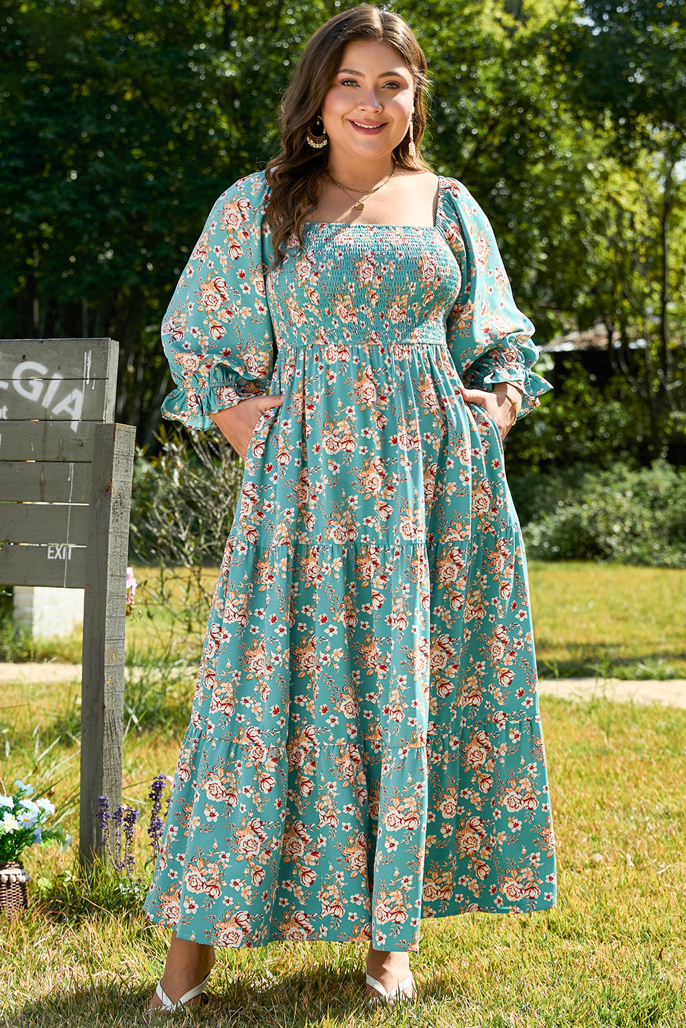 Green Plus Size Floral Print Square Neck Smocked Maxi Dress Plus Size Maxi Dresses JT's Designer Fashion