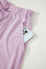 Pink Mineral Wash Exposed Seam Drawstring High Waist Wide Leg Cargo Pants Casual Shorts JT's Designer Fashion