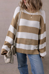 Light French Beige Colorblock Striped Drop Shoulder Side Slit Sweater Sweaters JT's Designer Fashion