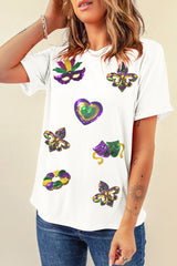 White Sequined Mardi Gras Symbolic Pattern Casual Tee Graphic Tees JT's Designer Fashion