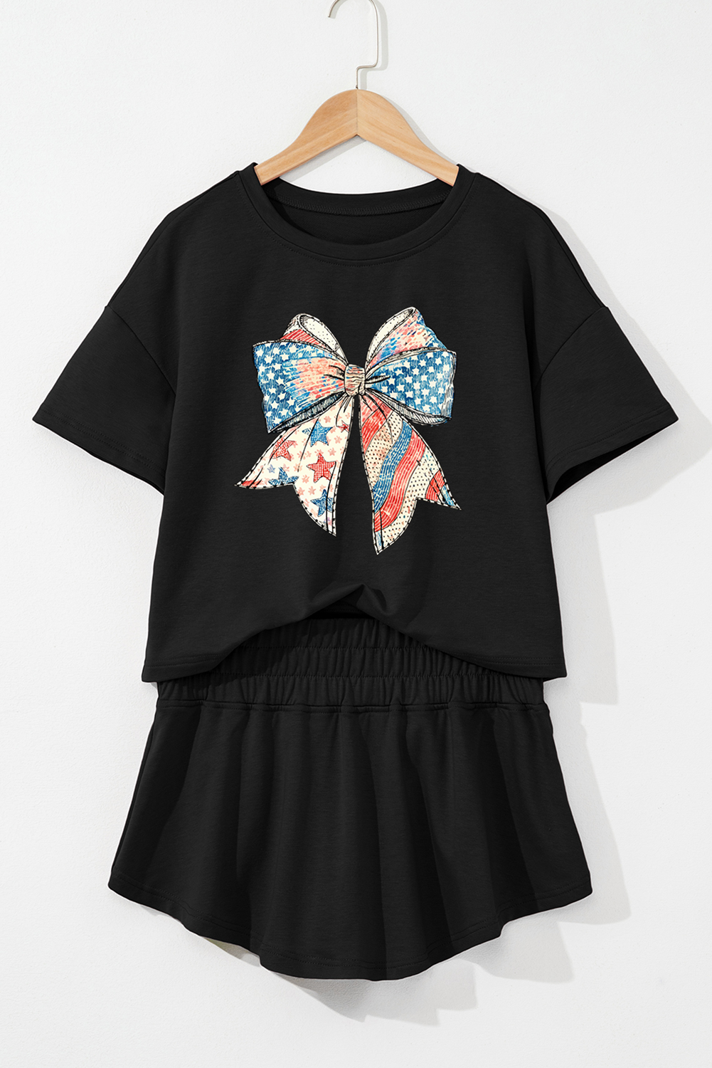 Black American Flag Inspired Bow Print Relaxed Tee and Skort 2pcs Outfit Graphic Sets JT's Designer Fashion