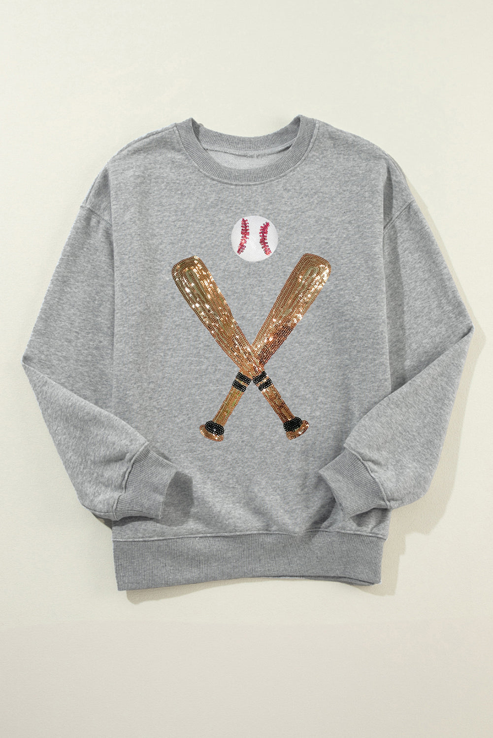 Gray Sequin Baseball Graphic Crewneck Game Day Sweatshirt Graphic Sweatshirts JT's Designer Fashion