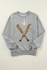 Gray Sequin Baseball Graphic Crewneck Game Day Sweatshirt Graphic Sweatshirts JT's Designer Fashion