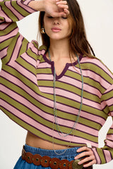 Spinach Green Clashing Stripes Waffle Texture Notched Neck Long Sleeve Top Long Sleeve Tops JT's Designer Fashion