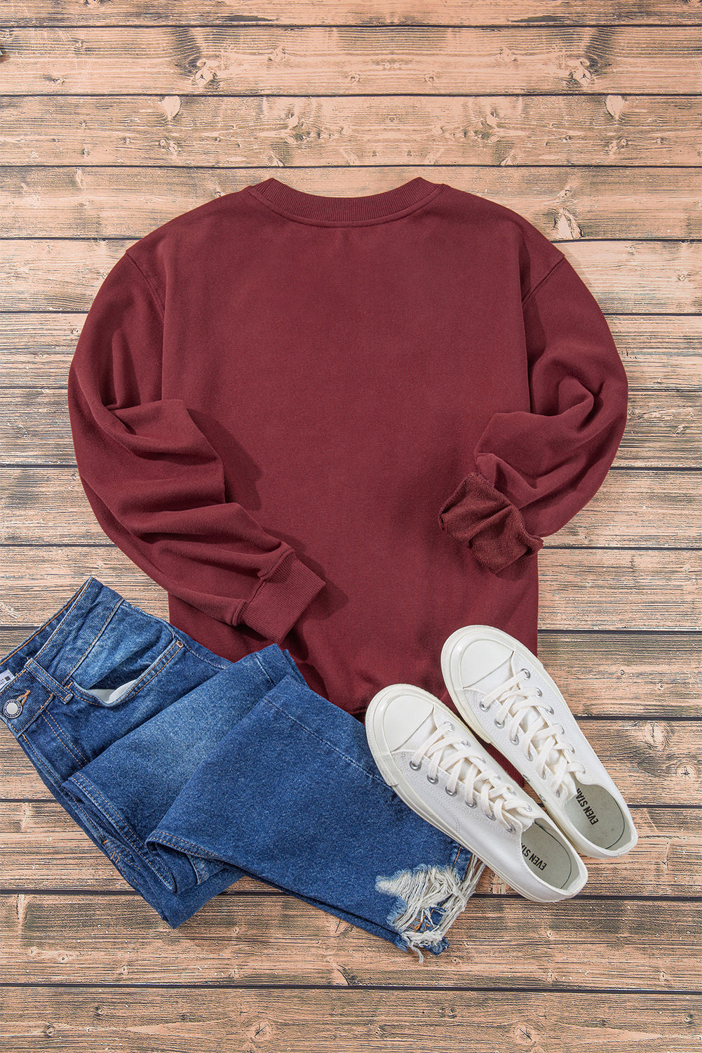 Burgundy Plain Drop Shoulder Crewneck Pullover Sweatshirt Sweatshirts & Hoodies JT's Designer Fashion