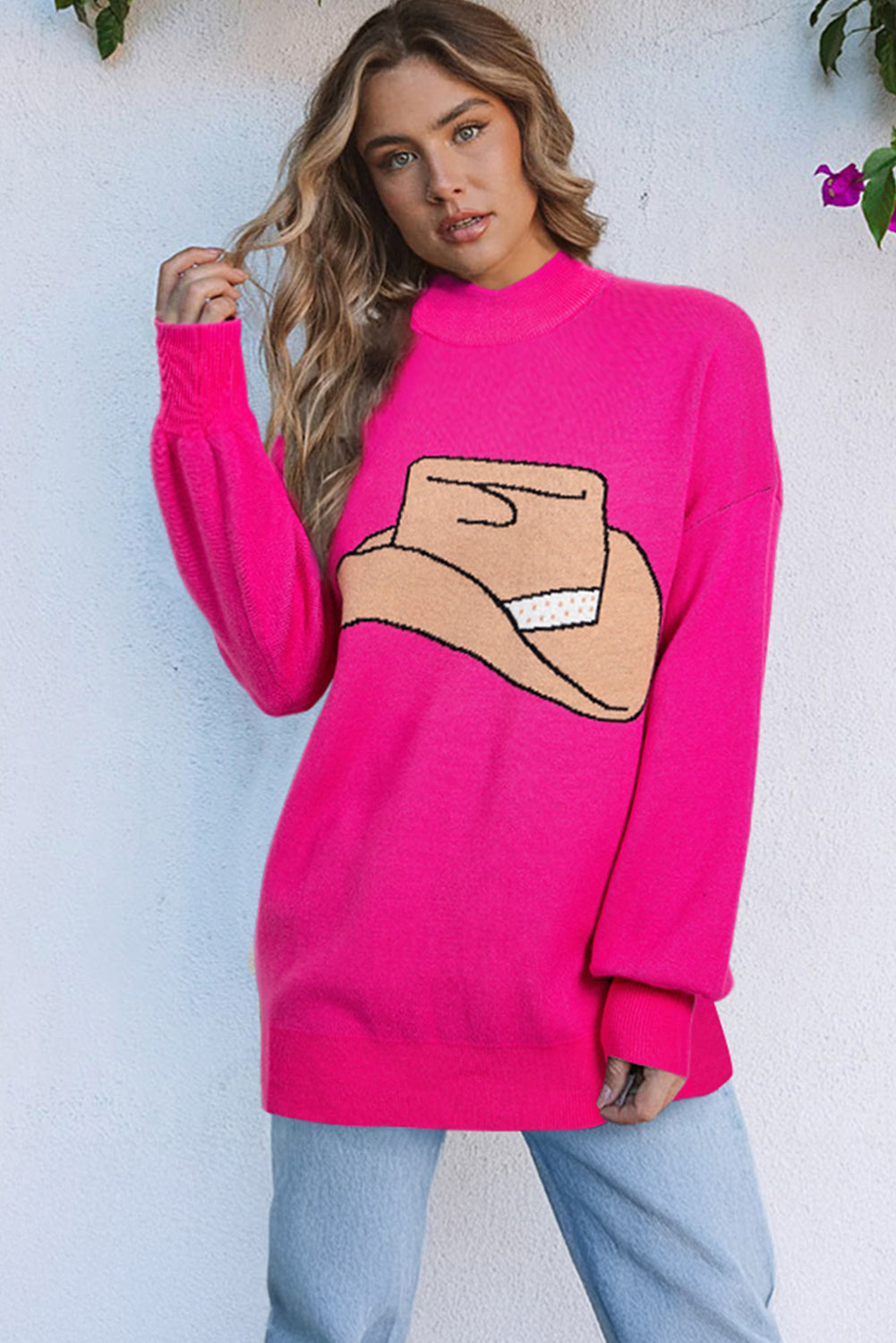 Rose Red YEEHAW Cowboy Hat Drop Shoulder Oversized Sweater Rose Red 50%Viscose+28%Polyester+22%Polyamide Sweaters JT's Designer Fashion