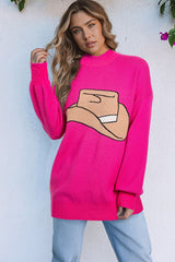 Rose Red YEEHAW Cowboy Hat Drop Shoulder Oversized Sweater Rose Red 50%Viscose+28%Polyester+22%Polyamide Sweaters JT's Designer Fashion