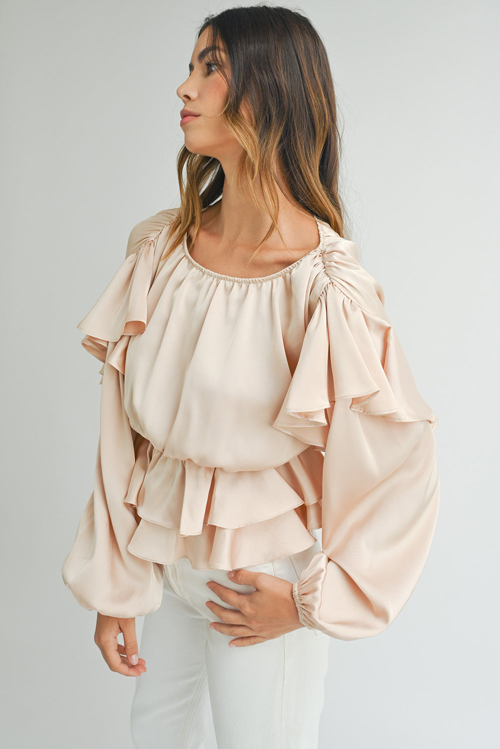 Oatmeal Lace-up Keyhole Back Ruffled Peplum Blouse Blouses & Shirts JT's Designer Fashion